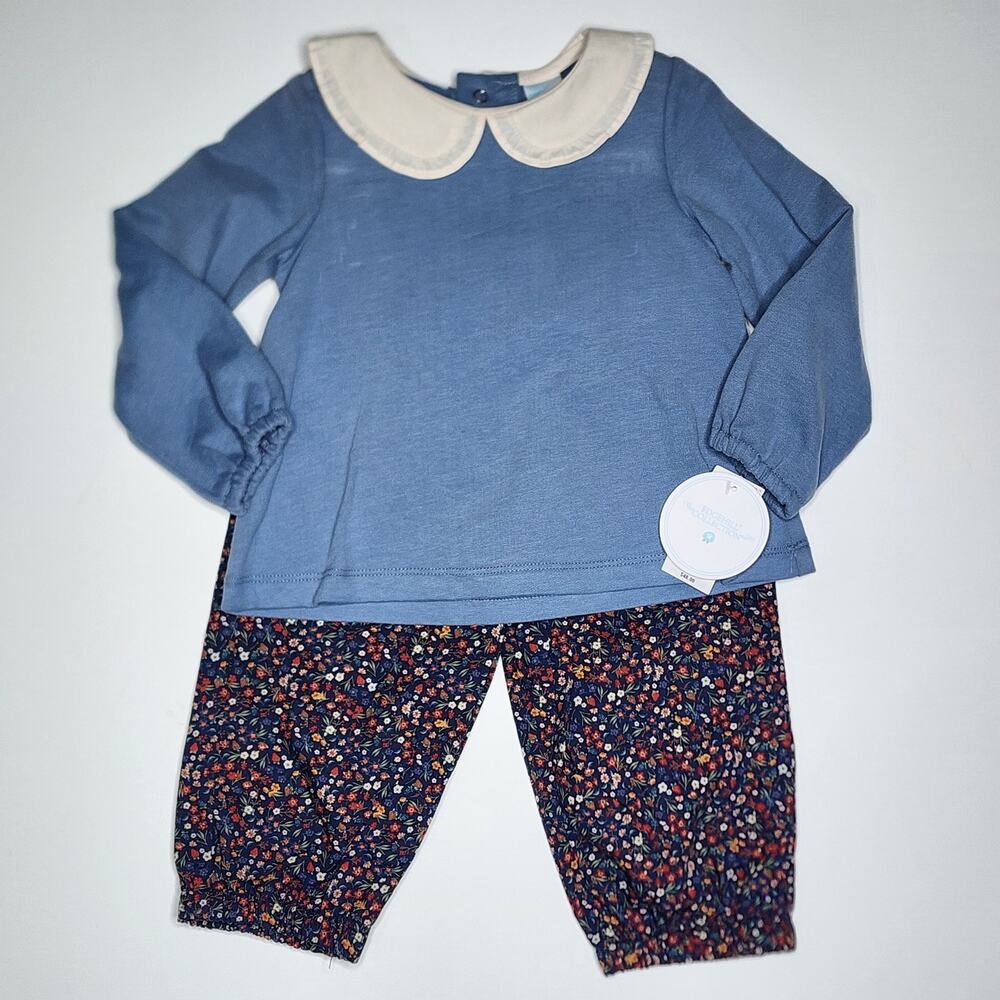Edgehill Collection Blue Floral Shirt Pants Set Girl's Size 18 Months